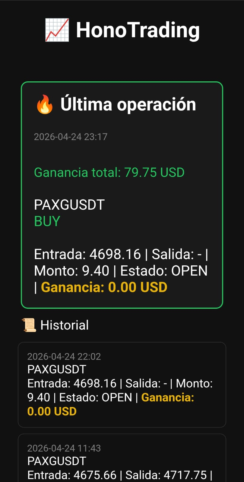 Panel principal de HonoTrading